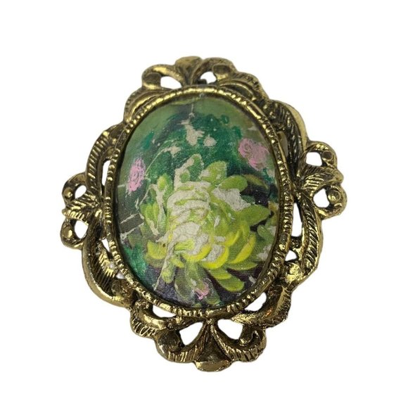 Vintage Goldtone Eggshell Brooch Pendant Rose Overaly 2.5" - Picture 4 of 8